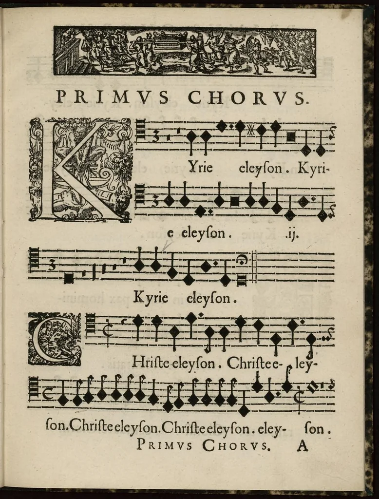 An illustration from Aeternae Henrici magni, gallorum, navarrorumque Regis potentissimi, ac Clementissimi memoriae. Et Ludovici justi : eius filii. Gallorum, navarrorumque Regis christianissimi, atque inuictissimi. Nicolaus Formé, regiae musicae praefectus. Missam hanc duobus choris ac quatuor voc. compositam, vovet et consecrat. Primus chorus. Bassus., 1638, leaf 10