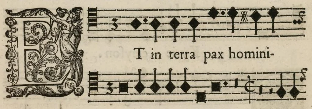 An illustration from Aeternae Henrici magni, gallorum, navarrorumque Regis potentissimi, ac Clementissimi memoriae. Et Ludovici justi : eius filii. Gallorum, navarrorumque Regis christianissimi, atque inuictissimi. Nicolaus Formé, regiae musicae praefectus. Missam hanc duobus choris ac quatuor voc. compositam, vovet et consecrat. Primus chorus. Bassus., 1638, leaf 11