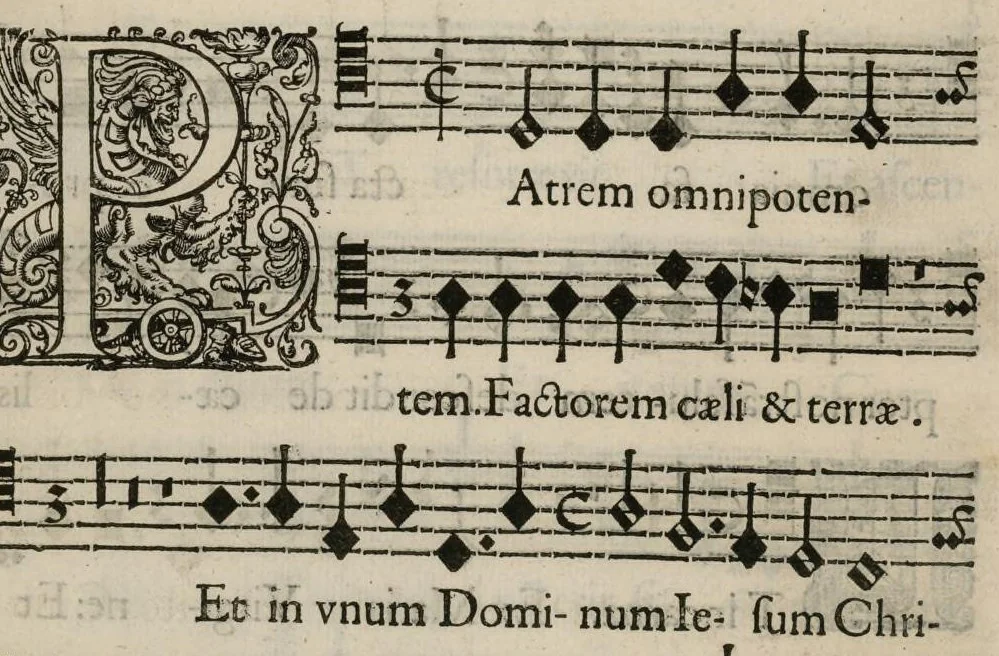 An illustration from Aeternae Henrici magni, gallorum, navarrorumque Regis potentissimi, ac Clementissimi memoriae. Et Ludovici justi : eius filii. Gallorum, navarrorumque Regis christianissimi, atque inuictissimi. Nicolaus Formé, regiae musicae praefectus. Missam hanc duobus choris ac quatuor voc. compositam, vovet et consecrat. Primus chorus. Bassus., 1638, leaf 14