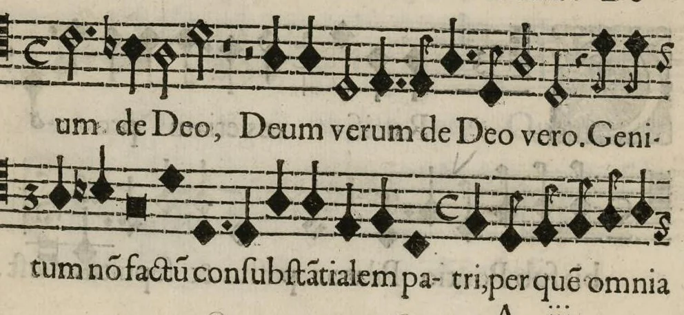 An illustration from Aeternae Henrici magni, gallorum, navarrorumque Regis potentissimi, ac Clementissimi memoriae. Et Ludovici justi : eius filii. Gallorum, navarrorumque Regis christianissimi, atque inuictissimi. Nicolaus Formé, regiae musicae praefectus. Missam hanc duobus choris ac quatuor voc. compositam, vovet et consecrat. Primus chorus. Bassus., 1638, leaf 14