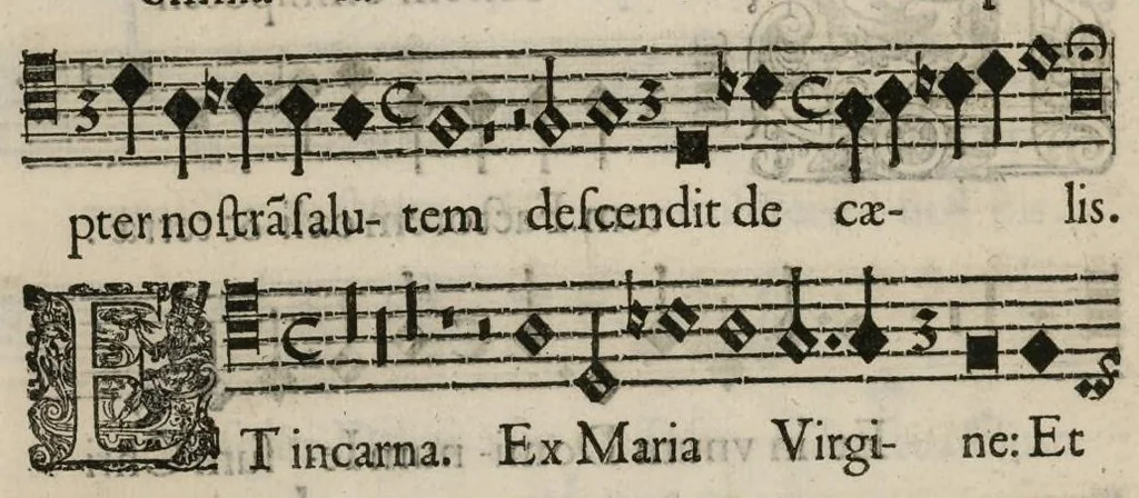 An illustration from Aeternae Henrici magni, gallorum, navarrorumque Regis potentissimi, ac Clementissimi memoriae. Et Ludovici justi : eius filii. Gallorum, navarrorumque Regis christianissimi, atque inuictissimi. Nicolaus Formé, regiae musicae praefectus. Missam hanc duobus choris ac quatuor voc. compositam, vovet et consecrat. Primus chorus. Bassus., 1638, leaf 15