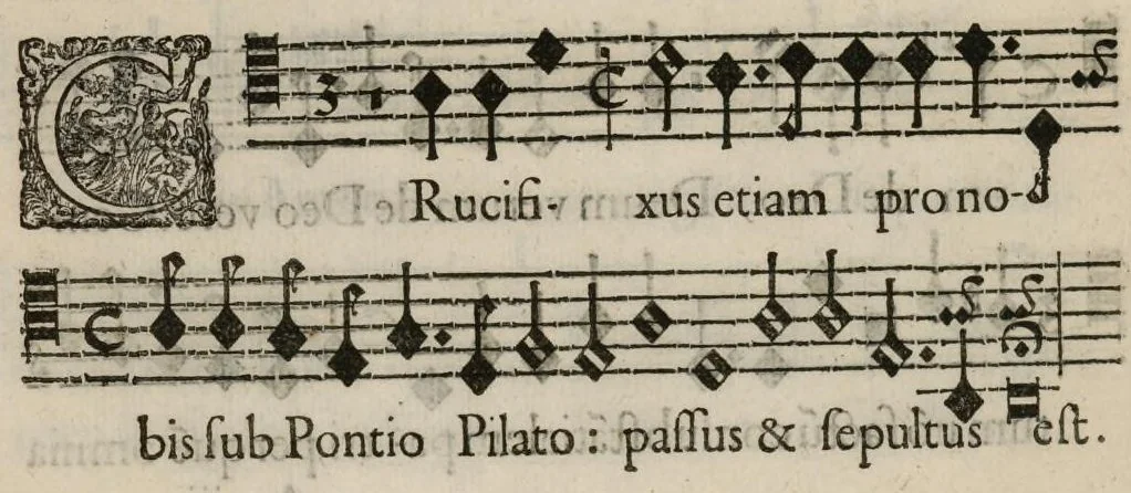 An illustration from Aeternae Henrici magni, gallorum, navarrorumque Regis potentissimi, ac Clementissimi memoriae. Et Ludovici justi : eius filii. Gallorum, navarrorumque Regis christianissimi, atque inuictissimi. Nicolaus Formé, regiae musicae praefectus. Missam hanc duobus choris ac quatuor voc. compositam, vovet et consecrat. Primus chorus. Bassus., 1638, leaf 15
