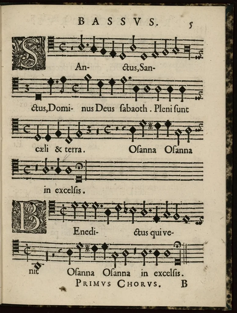 An illustration from Aeternae Henrici magni, gallorum, navarrorumque Regis potentissimi, ac Clementissimi memoriae. Et Ludovici justi : eius filii. Gallorum, navarrorumque Regis christianissimi, atque inuictissimi. Nicolaus Formé, regiae musicae praefectus. Missam hanc duobus choris ac quatuor voc. compositam, vovet et consecrat. Primus chorus. Bassus., 1638, leaf 18