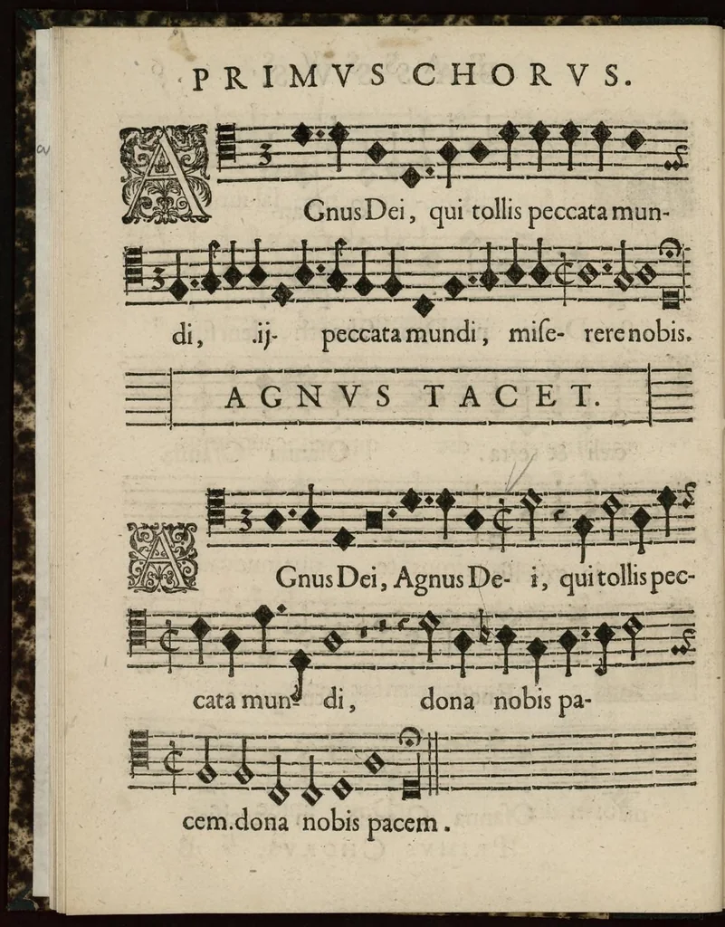 An illustration from Aeternae Henrici magni, gallorum, navarrorumque Regis potentissimi, ac Clementissimi memoriae. Et Ludovici justi : eius filii. Gallorum, navarrorumque Regis christianissimi, atque inuictissimi. Nicolaus Formé, regiae musicae praefectus. Missam hanc duobus choris ac quatuor voc. compositam, vovet et consecrat. Primus chorus. Bassus., 1638, leaf 19