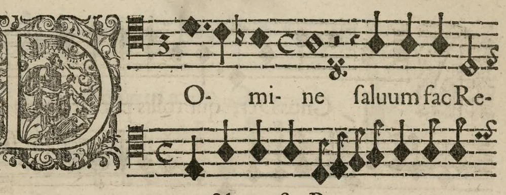 An illustration from Aeternae Henrici magni, gallorum, navarrorumque Regis potentissimi, ac Clementissimi memoriae. Et Ludovici justi : eius filii. Gallorum, navarrorumque Regis christianissimi, atque inuictissimi. Nicolaus Formé, regiae musicae praefectus. Missam hanc duobus choris ac quatuor voc. compositam, vovet et consecrat. Primus chorus. Bassus., 1638, leaf 20