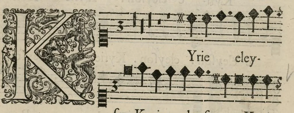 An illustration from Aeternae Henrici magni, gallorum, navarrorumque Regis potentissimi, ac Clementissimi memoriae. Et Ludovici justi : eius filii. Gallorum, navarrorumque Regis christianissimi, atque inuictissimi. Nicolaus Formé, regiae musicae praefectus. Missam hanc duobus choris ac quatuor voc. compositam, vovet et consecrat. Secundus chorus. Superius., 1638, leaf 10