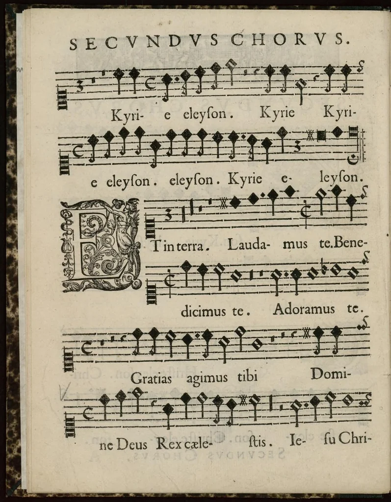 An illustration from Aeternae Henrici magni, gallorum, navarrorumque Regis potentissimi, ac Clementissimi memoriae. Et Ludovici justi : eius filii. Gallorum, navarrorumque Regis christianissimi, atque inuictissimi. Nicolaus Formé, regiae musicae praefectus. Missam hanc duobus choris ac quatuor voc. compositam, vovet et consecrat. Secundus chorus. Superius., 1638, leaf 11