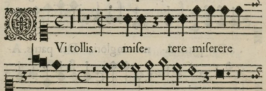 An illustration from Aeternae Henrici magni, gallorum, navarrorumque Regis potentissimi, ac Clementissimi memoriae. Et Ludovici justi : eius filii. Gallorum, navarrorumque Regis christianissimi, atque inuictissimi. Nicolaus Formé, regiae musicae praefectus. Missam hanc duobus choris ac quatuor voc. compositam, vovet et consecrat. Secundus chorus. Superius., 1638, leaf 12