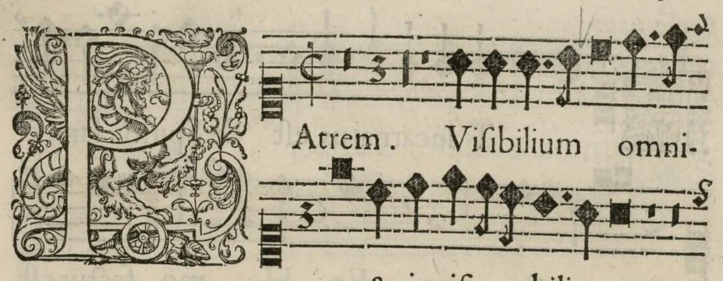 An illustration from Aeternae Henrici magni, gallorum, navarrorumque Regis potentissimi, ac Clementissimi memoriae. Et Ludovici justi : eius filii. Gallorum, navarrorumque Regis christianissimi, atque inuictissimi. Nicolaus Formé, regiae musicae praefectus. Missam hanc duobus choris ac quatuor voc. compositam, vovet et consecrat. Secundus chorus. Superius., 1638, leaf 14