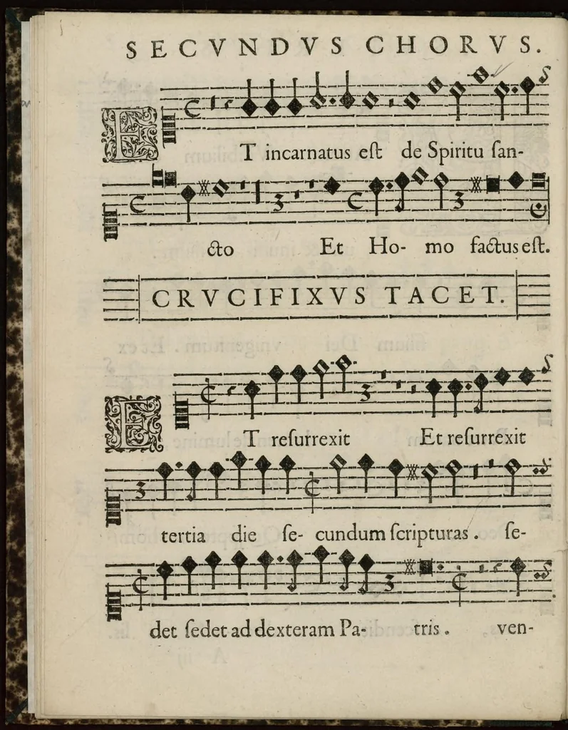 An illustration from Aeternae Henrici magni, gallorum, navarrorumque Regis potentissimi, ac Clementissimi memoriae. Et Ludovici justi : eius filii. Gallorum, navarrorumque Regis christianissimi, atque inuictissimi. Nicolaus Formé, regiae musicae praefectus. Missam hanc duobus choris ac quatuor voc. compositam, vovet et consecrat. Secundus chorus. Superius., 1638, leaf 15