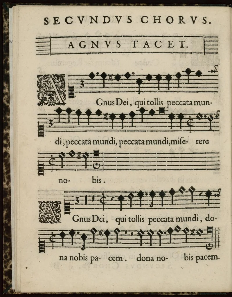 An illustration from Aeternae Henrici magni, gallorum, navarrorumque Regis potentissimi, ac Clementissimi memoriae. Et Ludovici justi : eius filii. Gallorum, navarrorumque Regis christianissimi, atque inuictissimi. Nicolaus Formé, regiae musicae praefectus. Missam hanc duobus choris ac quatuor voc. compositam, vovet et consecrat. Secundus chorus. Superius., 1638, leaf 19