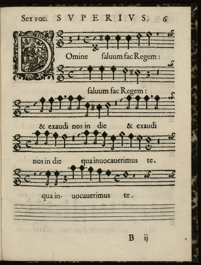 An illustration from Aeternae Henrici magni, gallorum, navarrorumque Regis potentissimi, ac Clementissimi memoriae. Et Ludovici justi : eius filii. Gallorum, navarrorumque Regis christianissimi, atque inuictissimi. Nicolaus Formé, regiae musicae praefectus. Missam hanc duobus choris ac quatuor voc. compositam, vovet et consecrat. Secundus chorus. Superius., 1638, leaf 20
