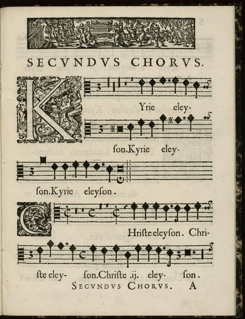 An illustration from Aeternae Henrici magni, gallorum, navarrorumque Regis potentissimi, ac Clementissimi memoriae. Et Ludovici justi : eius filii. Gallorum, navarrorumque Regis christianissimi, atque inuictissimi. Nicolaus Formé, regiae musicae praefectus. Missam hanc duobus choris ac quatuor voc. compositam, vovet et consecrat. Secundus chorus. Contra., 1638, leaf 10