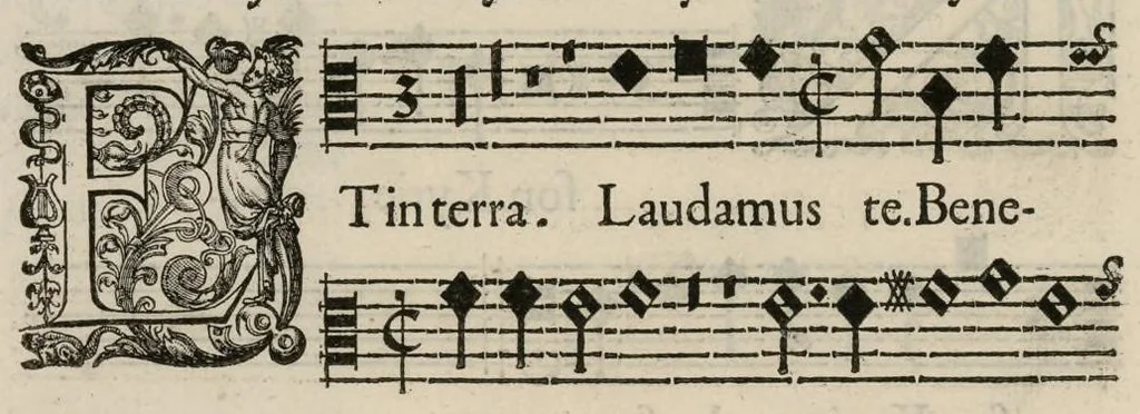 An illustration from Aeternae Henrici magni, gallorum, navarrorumque Regis potentissimi, ac Clementissimi memoriae. Et Ludovici justi : eius filii. Gallorum, navarrorumque Regis christianissimi, atque inuictissimi. Nicolaus Formé, regiae musicae praefectus. Missam hanc duobus choris ac quatuor voc. compositam, vovet et consecrat. Secundus chorus. Contra., 1638, leaf 11