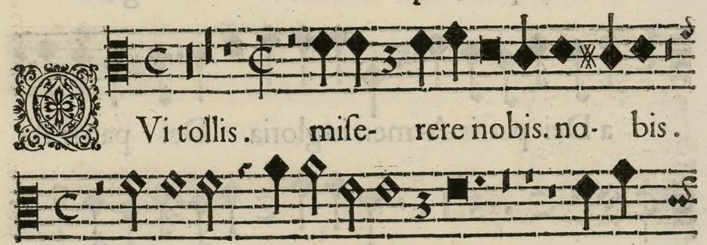 An illustration from Aeternae Henrici magni, gallorum, navarrorumque Regis potentissimi, ac Clementissimi memoriae. Et Ludovici justi : eius filii. Gallorum, navarrorumque Regis christianissimi, atque inuictissimi. Nicolaus Formé, regiae musicae praefectus. Missam hanc duobus choris ac quatuor voc. compositam, vovet et consecrat. Secundus chorus. Contra., 1638, leaf 12