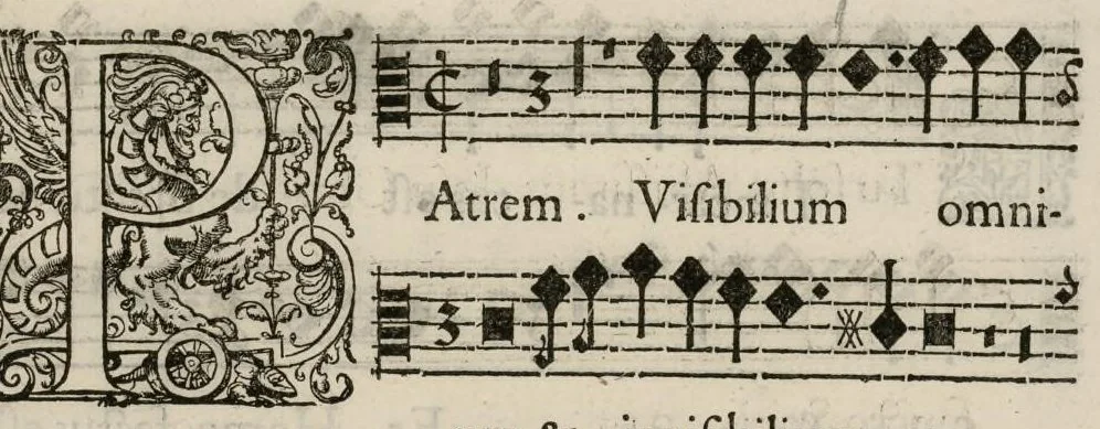 An illustration from Aeternae Henrici magni, gallorum, navarrorumque Regis potentissimi, ac Clementissimi memoriae. Et Ludovici justi : eius filii. Gallorum, navarrorumque Regis christianissimi, atque inuictissimi. Nicolaus Formé, regiae musicae praefectus. Missam hanc duobus choris ac quatuor voc. compositam, vovet et consecrat. Secundus chorus. Contra., 1638, leaf 14