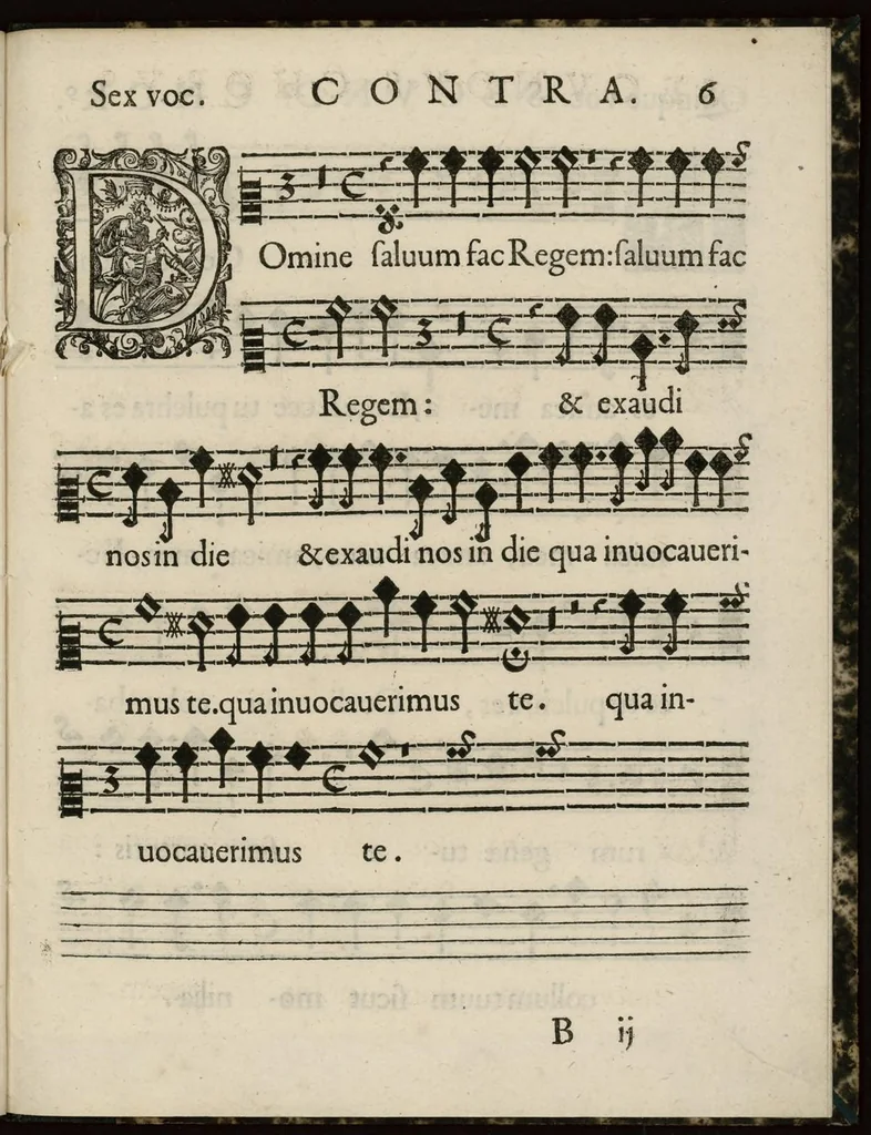 An illustration from Aeternae Henrici magni, gallorum, navarrorumque Regis potentissimi, ac Clementissimi memoriae. Et Ludovici justi : eius filii. Gallorum, navarrorumque Regis christianissimi, atque inuictissimi. Nicolaus Formé, regiae musicae praefectus. Missam hanc duobus choris ac quatuor voc. compositam, vovet et consecrat. Secundus chorus. Contra., 1638, leaf 20