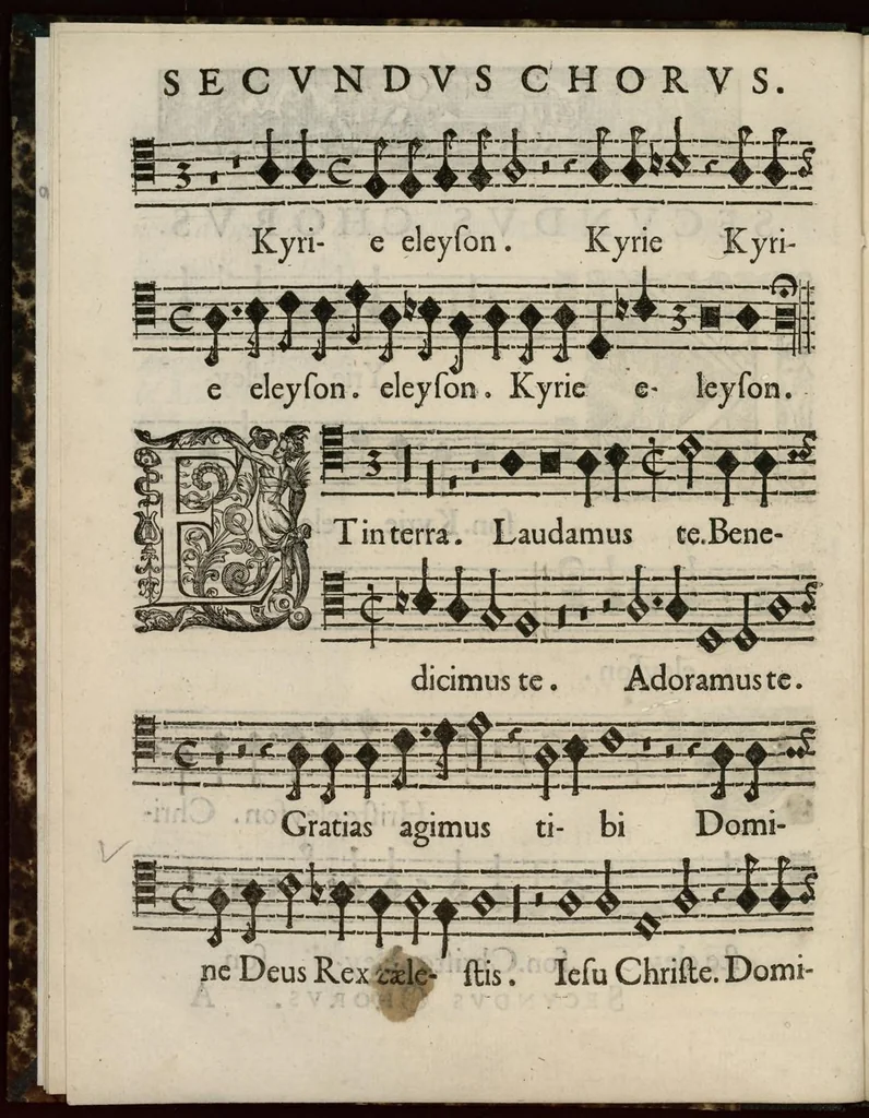 An illustration from Aeternae Henrici magni, gallorum, navarrorumque Regis potentissimi, ac Clementissimi memoriae. Et Ludovici justi : eius filii. Gallorum, navarrorumque Regis christianissimi, atque inuictissimi. Nicolaus Formé, regiae musicae praefectus. Missam hanc duobus choris ac quatuor voc. compositam, vovet et consecrat. Secundus chorus. Tenor., 1638, leaf 11
