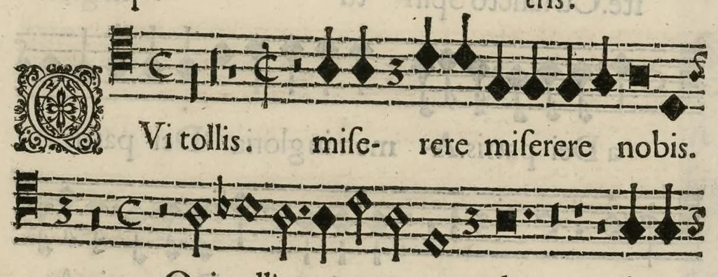 An illustration from Aeternae Henrici magni, gallorum, navarrorumque Regis potentissimi, ac Clementissimi memoriae. Et Ludovici justi : eius filii. Gallorum, navarrorumque Regis christianissimi, atque inuictissimi. Nicolaus Formé, regiae musicae praefectus. Missam hanc duobus choris ac quatuor voc. compositam, vovet et consecrat. Secundus chorus. Tenor., 1638, leaf 12