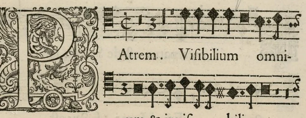 An illustration from Aeternae Henrici magni, gallorum, navarrorumque Regis potentissimi, ac Clementissimi memoriae. Et Ludovici justi : eius filii. Gallorum, navarrorumque Regis christianissimi, atque inuictissimi. Nicolaus Formé, regiae musicae praefectus. Missam hanc duobus choris ac quatuor voc. compositam, vovet et consecrat. Secundus chorus. Tenor., 1638, leaf 14