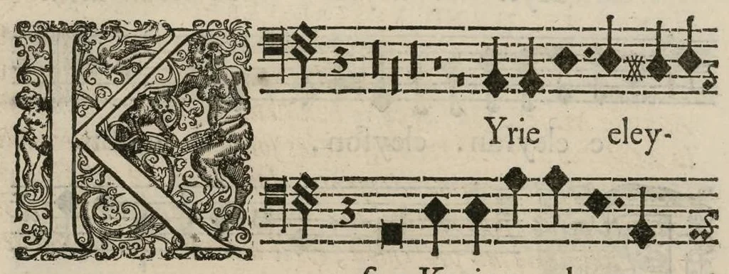 An illustration from Aeternae Henrici magni, gallorum, navarrorumque Regis potentissimi, ac Clementissimi memoriae. Et Ludovici justi : eius filii. Gallorum, navarrorumque Regis christianissimi, atque inuictissimi. Nicolaus Formé, regiae musicae praefectus. Missam hanc duobus choris ac quatuor voc. compositam, vovet et consecrat. Secundus chorus. Bassus., 1638, leaf 10