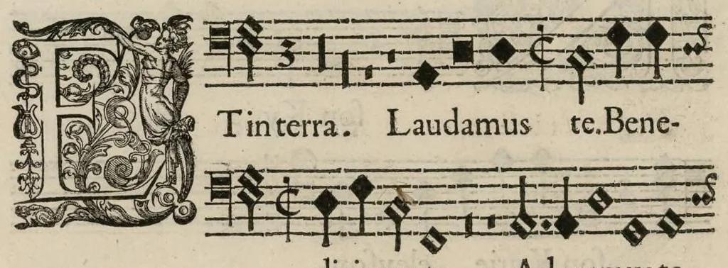 An illustration from Aeternae Henrici magni, gallorum, navarrorumque Regis potentissimi, ac Clementissimi memoriae. Et Ludovici justi : eius filii. Gallorum, navarrorumque Regis christianissimi, atque inuictissimi. Nicolaus Formé, regiae musicae praefectus. Missam hanc duobus choris ac quatuor voc. compositam, vovet et consecrat. Secundus chorus. Bassus., 1638, leaf 11
