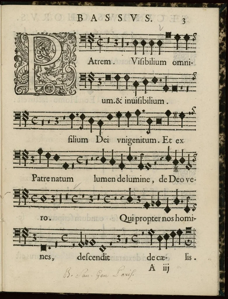 An illustration from Aeternae Henrici magni, gallorum, navarrorumque Regis potentissimi, ac Clementissimi memoriae. Et Ludovici justi : eius filii. Gallorum, navarrorumque Regis christianissimi, atque inuictissimi. Nicolaus Formé, regiae musicae praefectus. Missam hanc duobus choris ac quatuor voc. compositam, vovet et consecrat. Secundus chorus. Bassus., 1638, leaf 14