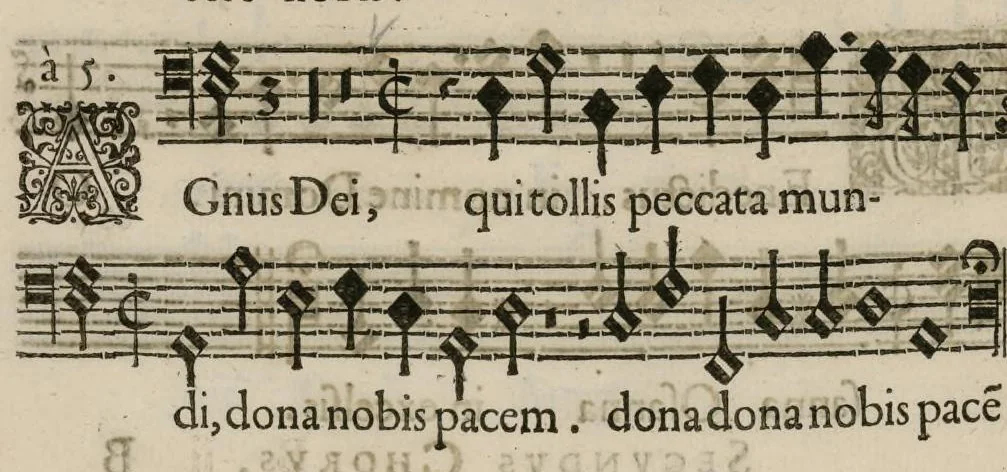 An illustration from Aeternae Henrici magni, gallorum, navarrorumque Regis potentissimi, ac Clementissimi memoriae. Et Ludovici justi : eius filii. Gallorum, navarrorumque Regis christianissimi, atque inuictissimi. Nicolaus Formé, regiae musicae praefectus. Missam hanc duobus choris ac quatuor voc. compositam, vovet et consecrat. Secundus chorus. Bassus., 1638, leaf 19