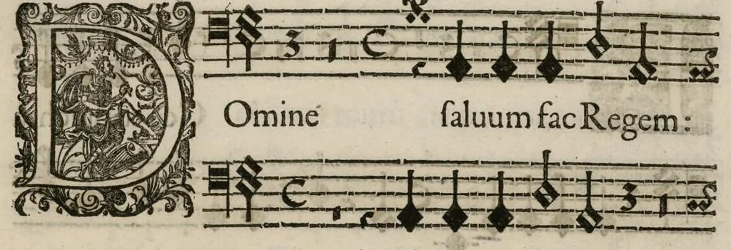 An illustration from Aeternae Henrici magni, gallorum, navarrorumque Regis potentissimi, ac Clementissimi memoriae. Et Ludovici justi : eius filii. Gallorum, navarrorumque Regis christianissimi, atque inuictissimi. Nicolaus Formé, regiae musicae praefectus. Missam hanc duobus choris ac quatuor voc. compositam, vovet et consecrat. Secundus chorus. Bassus., 1638, leaf 20