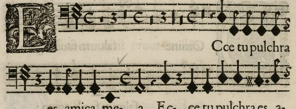 An illustration from Aeternae Henrici magni, gallorum, navarrorumque Regis potentissimi, ac Clementissimi memoriae. Et Ludovici justi : eius filii. Gallorum, navarrorumque Regis christianissimi, atque inuictissimi. Nicolaus Formé, regiae musicae praefectus. Missam hanc duobus choris ac quatuor voc. compositam, vovet et consecrat. Secundus chorus. Bassus., 1638, leaf 21
