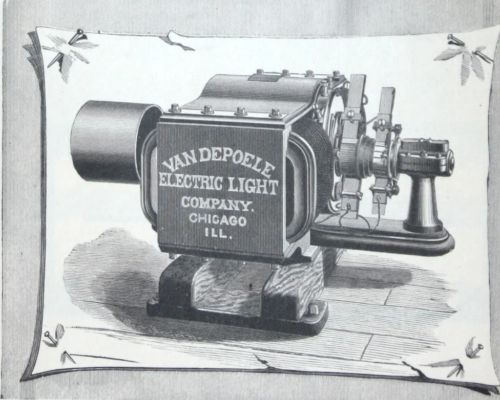 An illustration from Van Depoele Electric Light Company manufacture single and multiple current dynamo electric machines, motors, electric lamps and electro-plating apparatus ..., 1884, leaf 11