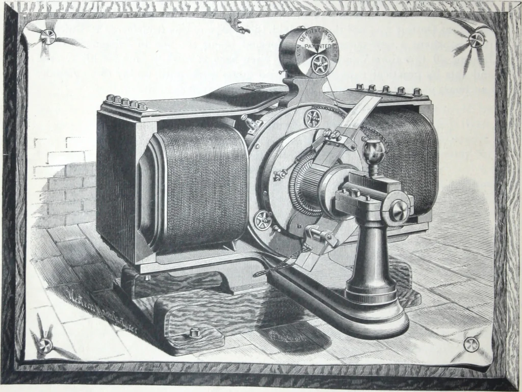 An illustration from Van Depoele Electric Light Company manufacture single and multiple current dynamo electric machines, motors, electric lamps and electro-plating apparatus ..., 1884, leaf 9