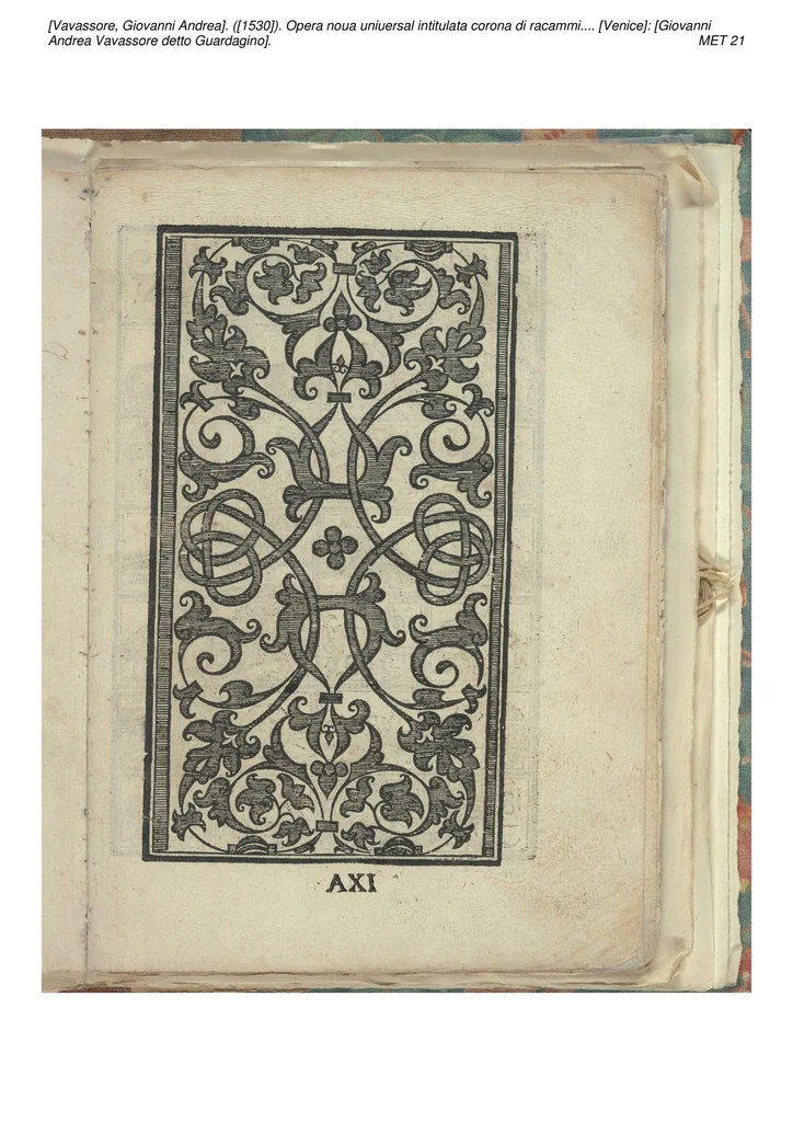 An illustration from Opera noua uniuersal intitulata corona di racammi: Doue le venerande donnefanciulle trouaran[n]o di varie opere p[er] fare colari di camisiolatorniamenti di letti e[n]temelle di cuscini boccasini, schufioni, cord[e]lli di piu sorte, et molte opere p[er] reccam[m]atorip[er] dipintorep[er] oreuesi de le quale operevero esempli ciascuno le potra pore in opera seco[n]do el suo bisogno., 1530, leaf 20