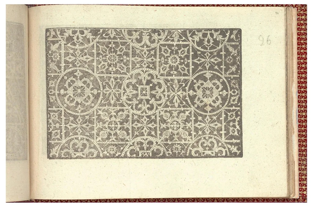 An illustration from Gioiello della corona per le nobili et virtuose donneLibro quarto nel qual si dimostra in varii dissegni tutte le sorti di mostre di punti tagliati, punti in aria, puntireticello... Nuovamente posto in luce., 1601, leaf 10