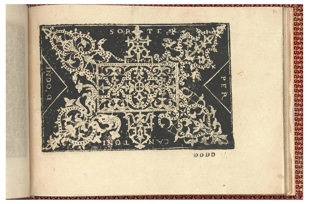 An illustration from Gioiello della corona per le nobili et virtuose donneLibro quarto nel qual si dimostra in varii dissegni tutte le sorti di mostre di punti tagliati, punti in aria, puntireticello... Nuovamente posto in luce., 1601, leaf 11