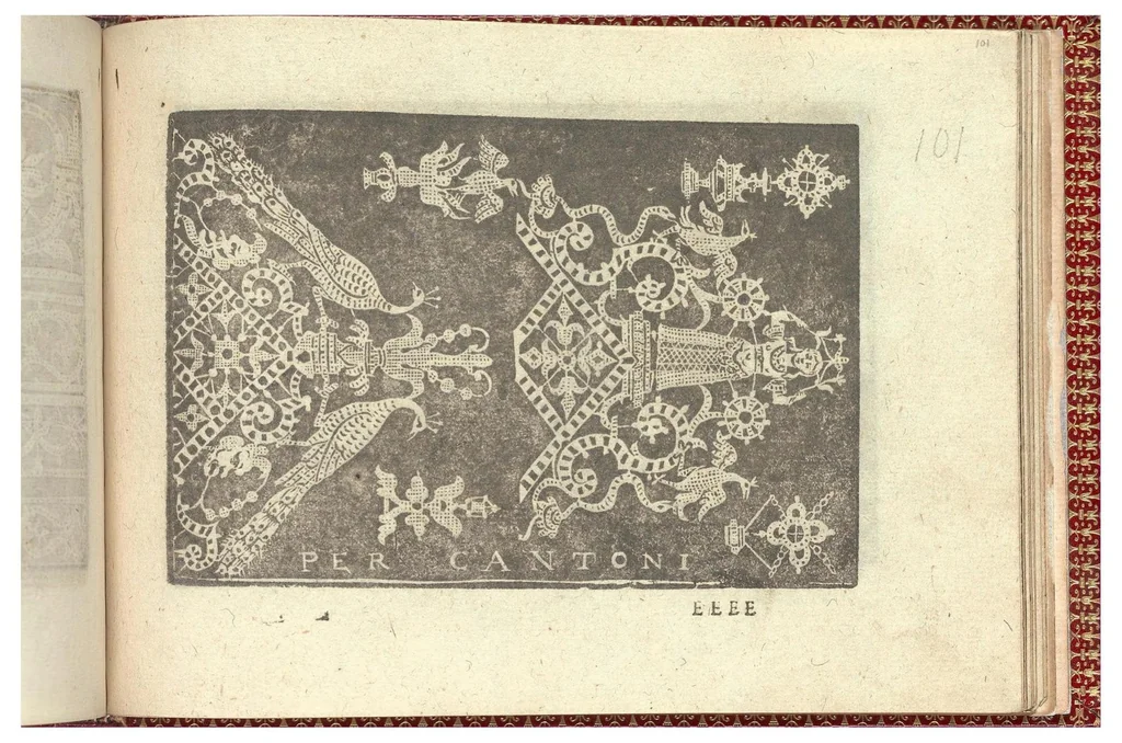 An illustration from Gioiello della corona per le nobili et virtuose donneLibro quarto nel qual si dimostra in varii dissegni tutte le sorti di mostre di punti tagliati, punti in aria, puntireticello... Nuovamente posto in luce., 1601, leaf 15