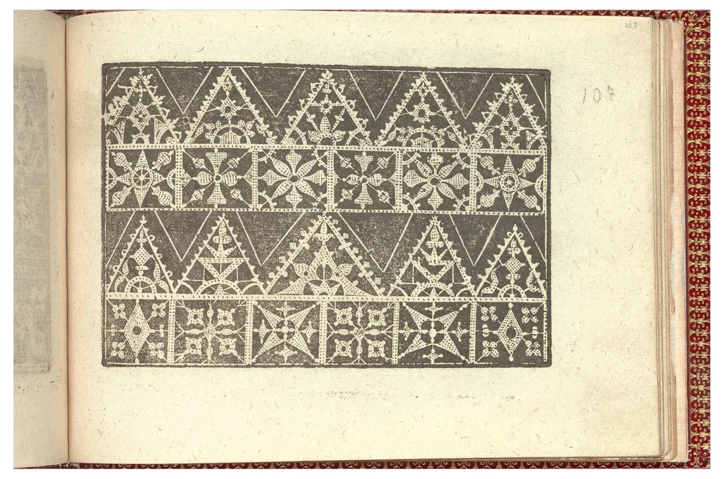 An illustration from Gioiello della corona per le nobili et virtuose donneLibro quarto nel qual si dimostra in varii dissegni tutte le sorti di mostre di punti tagliati, punti in aria, puntireticello... Nuovamente posto in luce., 1601, leaf 21