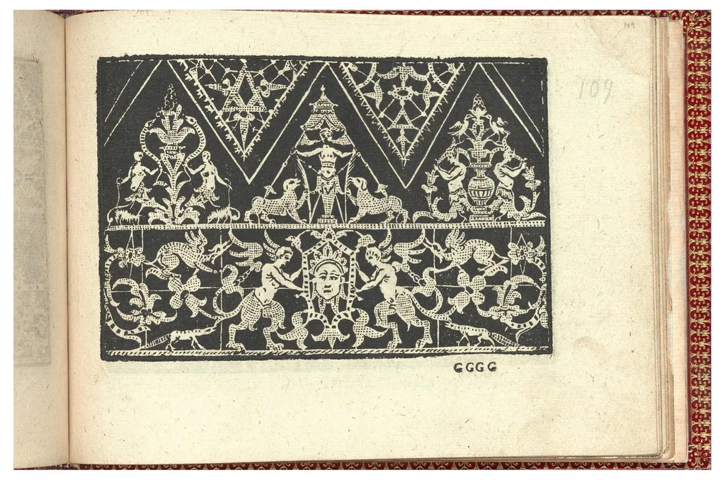 An illustration from Gioiello della corona per le nobili et virtuose donneLibro quarto nel qual si dimostra in varii dissegni tutte le sorti di mostre di punti tagliati, punti in aria, puntireticello... Nuovamente posto in luce., 1601, leaf 23
