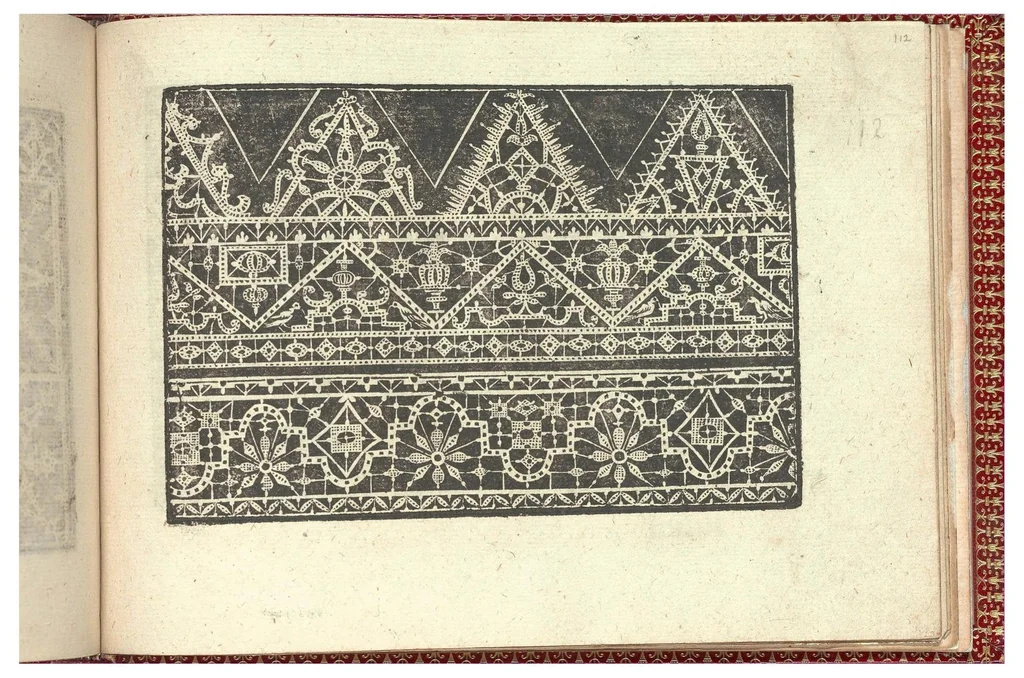 An illustration from Gioiello della corona per le nobili et virtuose donneLibro quarto nel qual si dimostra in varii dissegni tutte le sorti di mostre di punti tagliati, punti in aria, puntireticello... Nuovamente posto in luce., 1601, leaf 26