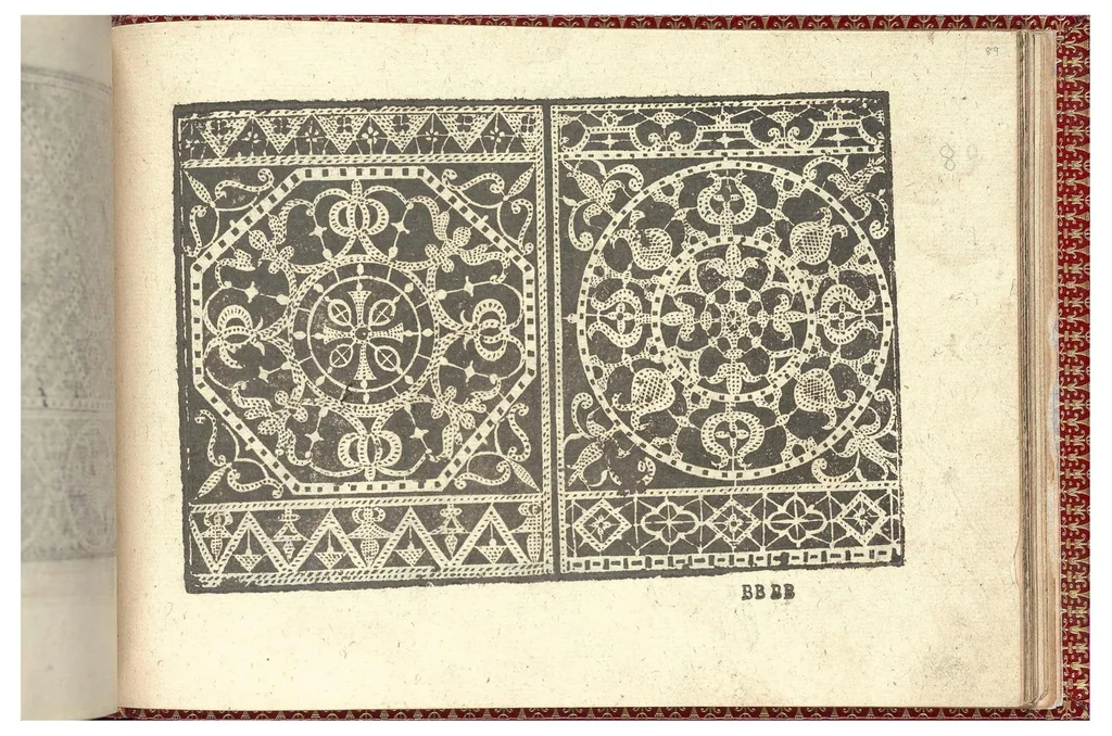 An illustration from Gioiello della corona per le nobili et virtuose donneLibro quarto nel qual si dimostra in varii dissegni tutte le sorti di mostre di punti tagliati, punti in aria, puntireticello... Nuovamente posto in luce., 1601, leaf 3