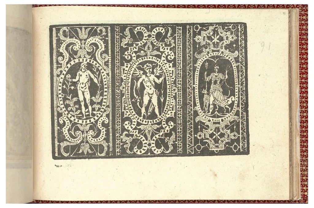 An illustration from Gioiello della corona per le nobili et virtuose donneLibro quarto nel qual si dimostra in varii dissegni tutte le sorti di mostre di punti tagliati, punti in aria, puntireticello... Nuovamente posto in luce., 1601, leaf 5