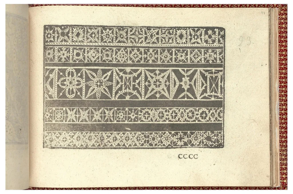 An illustration from Gioiello della corona per le nobili et virtuose donneLibro quarto nel qual si dimostra in varii dissegni tutte le sorti di mostre di punti tagliati, punti in aria, puntireticello... Nuovamente posto in luce., 1601, leaf 7
