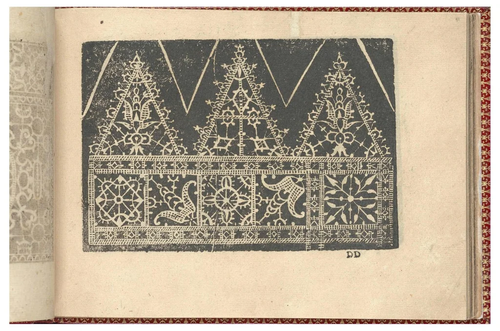 An illustration from Corona delle nobili, et virtuose donne. Libro Secondo: nel quale si dimostra in varij dissegni molte tutti le forti di mostre di punti tagliati, punti in aria, punti à reticello,d’ogni altra forte, cosi per freggi, come per merlirosette, che con paco l’si vsano hoggidi per tutta l'Europa., 1601, leaf 12