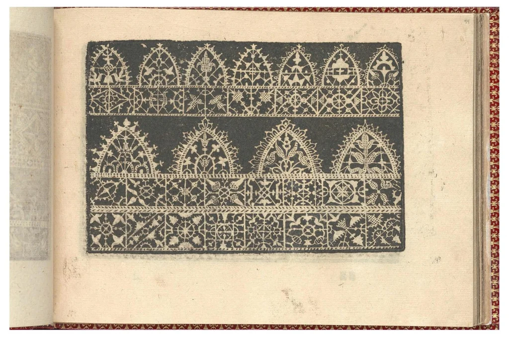 An illustration from Corona delle nobili, et virtuose donne. Libro Secondo: nel quale si dimostra in varij dissegni molte tutti le forti di mostre di punti tagliati, punti in aria, punti à reticello,d’ogni altra forte, cosi per freggi, come per merlirosette, che con paco l’si vsano hoggidi per tutta l'Europa., 1601, leaf 15