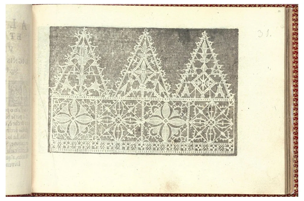 An illustration from Corona delle nobili, et virtuose donne. Libro Secondo: nel quale si dimostra in varij dissegni molte tutti le forti di mostre di punti tagliati, punti in aria, punti à reticello,d’ogni altra forte, cosi per freggi, come per merlirosette, che con paco l’si vsano hoggidi per tutta l'Europa., 1601, leaf 2