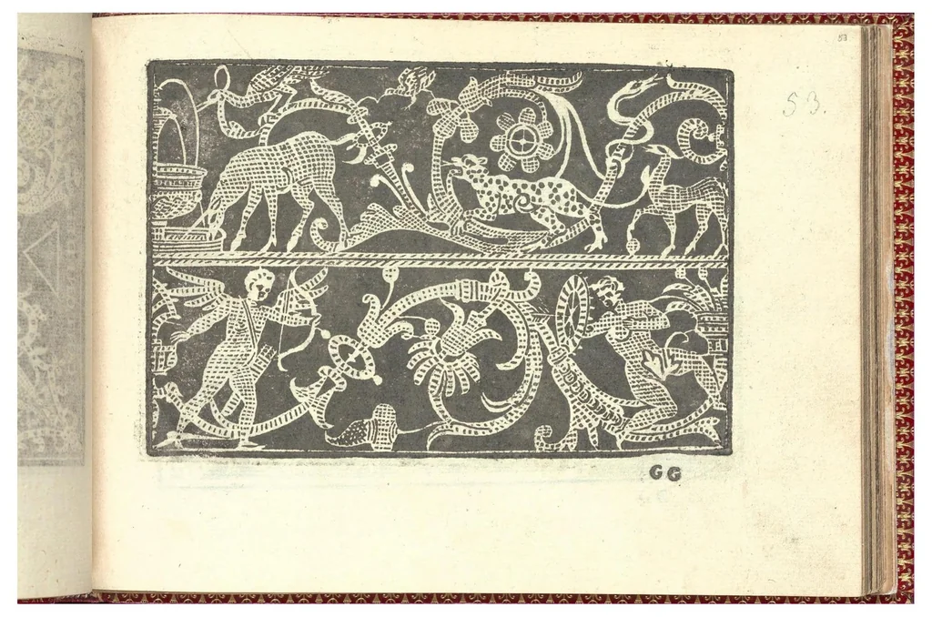 An illustration from Corona delle nobili, et virtuose donne. Libro Secondo: nel quale si dimostra in varij dissegni molte tutti le forti di mostre di punti tagliati, punti in aria, punti à reticello,d’ogni altra forte, cosi per freggi, come per merlirosette, che con paco l’si vsano hoggidi per tutta l'Europa., 1601, leaf 24