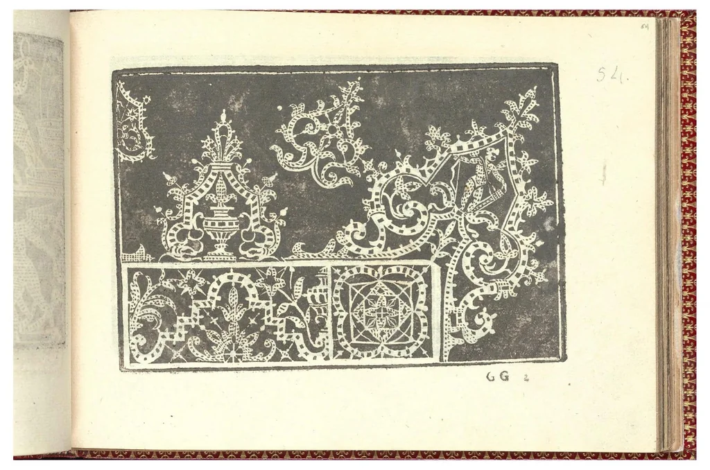 An illustration from Corona delle nobili, et virtuose donne. Libro Secondo: nel quale si dimostra in varij dissegni molte tutti le forti di mostre di punti tagliati, punti in aria, punti à reticello,d’ogni altra forte, cosi per freggi, come per merlirosette, che con paco l’si vsano hoggidi per tutta l'Europa., 1601, leaf 25