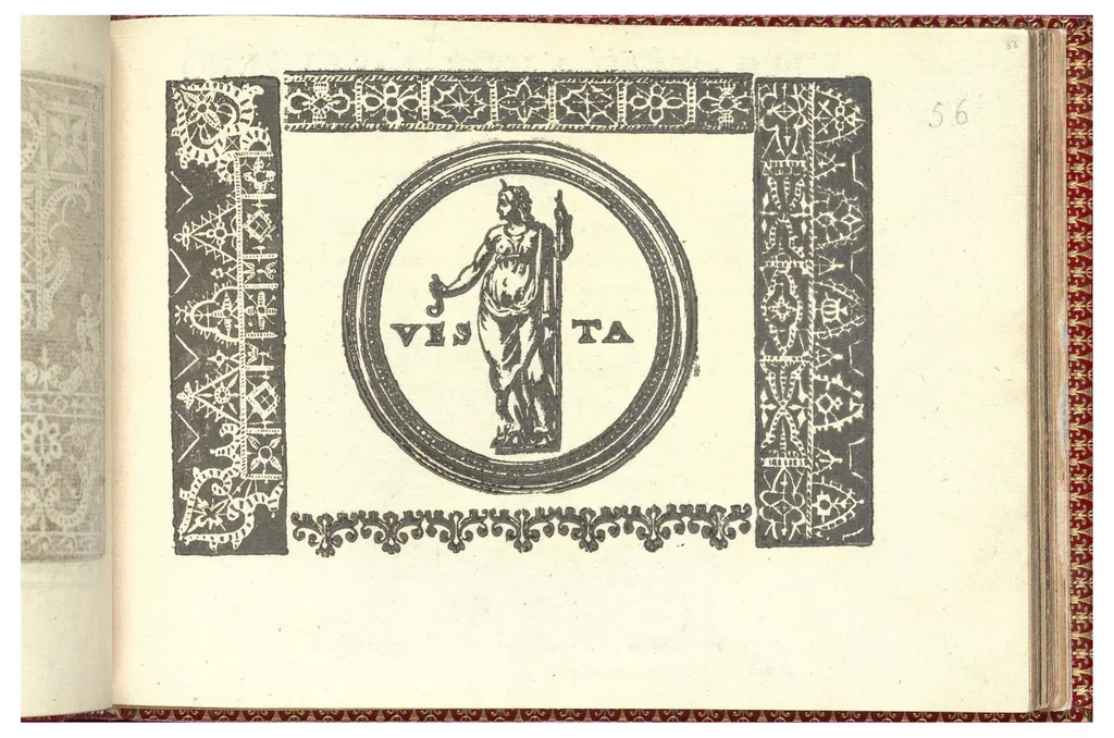 An illustration from Corona delle nobili, et virtuose donne. Libro Secondo: nel quale si dimostra in varij dissegni molte tutti le forti di mostre di punti tagliati, punti in aria, punti à reticello,d’ogni altra forte, cosi per freggi, come per merlirosette, che con paco l’si vsano hoggidi per tutta l'Europa., 1601, leaf 27