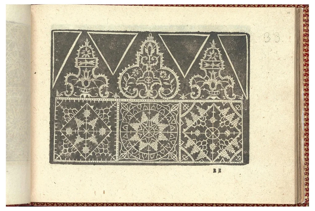 An illustration from Corona delle nobili, et virtuose donne. Libro Secondo: nel quale si dimostra in varij dissegni molte tutti le forti di mostre di punti tagliati, punti in aria, punti à reticello,d’ogni altra forte, cosi per freggi, come per merlirosette, che con paco l’si vsano hoggidi per tutta l'Europa., 1601, leaf 4