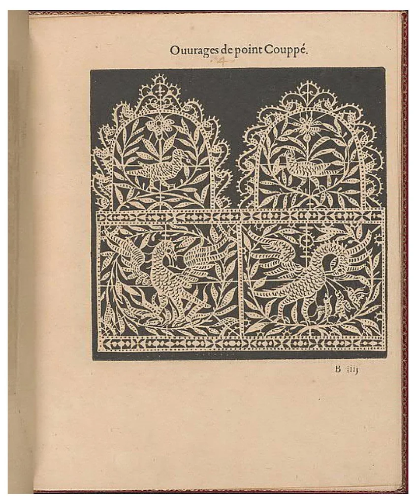 An illustration from Les singvliers et novveavx pourtraicts, du seigneur Federic Vinciolo Venitien, pour toutes sortes d'ouurages de lingerie. Dediela Royne: Derechef et povr la cinquiesme fois augmentez, outre le reseau premierle point couppé lacis de plusieurs beaux differents pourtraits de reseau de point compté, auec le nombre des mailles, choses non encore veuë ny inuentee, 1588, leaf 14